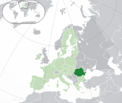  Rumæniens placering  (mørkegrøn) – på det europæiske kontinent  (grøn og mørkegrå) – i den Europæiske Union  (grøn)  –  [Forklaring]
