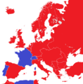 Carte des régimes politiques en 1914 en Europe. Républiques en bleu, monarchies en rouge.