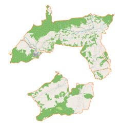 Mapa konturowa gminy wiejskiej Jordanów, na dole nieco na lewo znajduje się punkt z opisem „źródło”, natomiast blisko centrum na dole znajduje się punkt z opisem „ujście”