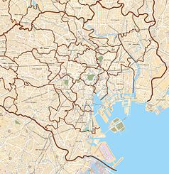 Mapa konturowa Tokio, blisko centrum u góry znajduje się punkt z opisem „Akihabara-eki”