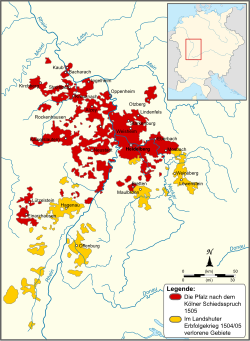 Kurpfalz vuonna 1505 merkittynä punaisella. Keltaisella Landshutin perimyssodassa menetetyt alueet.