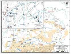 Kartskisse med prikkede blå linjer som viser hvordan den franske styrken beveget seg vestover.
