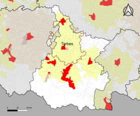 Localisation de l'aire d'attraction de Tarbes dans le département des Hautes-Pyrénées.