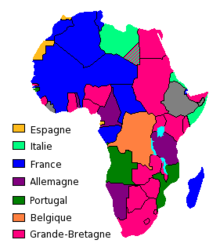 carte de l'Afrique figurant en différentes couleurs les possessions coloniales de l'époque