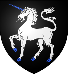 dessin d'une licorne blanche à la corne et aux sabots bleus sur un fond noir