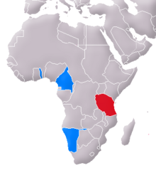 Germana orienta Afriko (ruĝe) kaj ceteraj germanaj kolonioj en Afriko (blue), stato antaŭ la unua mondmilito