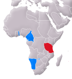 德屬東非(紅色)與其他德國殖民地(藍色)