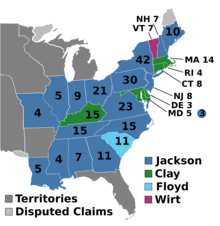 A map of the 1832 presidential election. Blue states were won by Jackson.