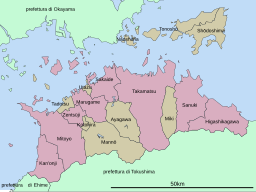 Karta över Kagawa prefektur Städer: lila ton; Kommuner: brun ton