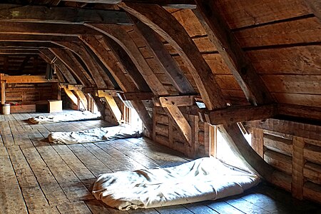 Basic straw mattresses in a loft in a historic site in Nova Scotia, Canada