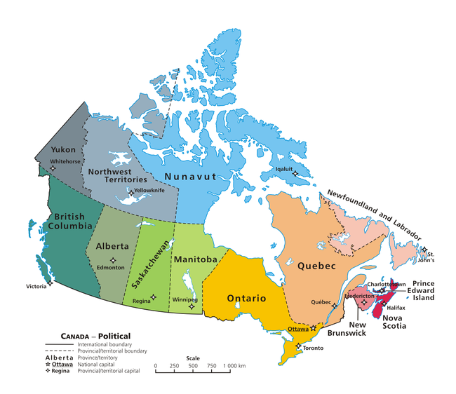Динамична карта на канадските провинции и столиците им.