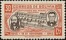 Filiatelia de 1946 homenajeando el Centenario del Himno Nacional de Bolivia