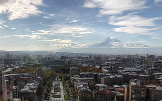 Yerevan skyline with Mount Ararat (Historical Armenia, now inTurkey) in the background, as seen from the Cafesjian Museum of Art