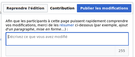 Capture d'écran de la boîte résumé de l'onglet « modifier » d'une page de Wikipédia.