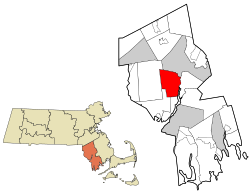 戴頓在布里斯托縣及麻薩諸塞州的位置（以紅色標示）