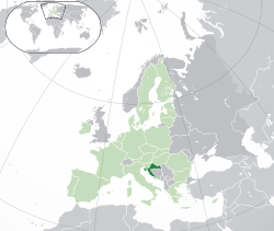 Location o  Croatie  (dark green) – on the European continent  (green & dark grey) – in the European Union  (green)  —  [Legend]