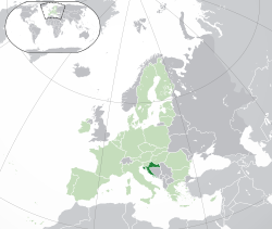 Location of  Croatia  (dark green) – on the European continent  (green & dark grey) – in the European Union  (green)  —  [Legend]