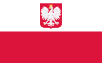 Flaga III Rzeczypospolitej z herbem narodowym używana od 1990 roku