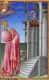 Salomón supervisa la edificación del Templu de Xerusalén. Miniatura de los Hermanos Limburg, 1412-16