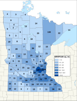 Distribuição de NRHPs nos condados de Minnesota.