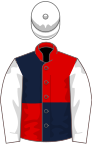 Red and dark blue (quartered), white sleeves and cap