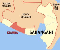 Mapa ng Sarangani na nagpapakita sa lokasyon ng Kiamba.