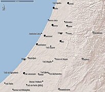 Eine Ortskarte des südlichen Palästina. Im Westen sieht man mutmaßlich philistäische Orte von Aphek im Norden bis nach Rafah im Süden.