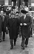 Photograph of President Gerald R. Ford and Soviet General Secretary Leonid I. Brezhnev Departing from the Train Upon their Arrival at the Okeansky Sanitarium, Vladivostok, U.S.S.R. - NARA - 7140620.jpg