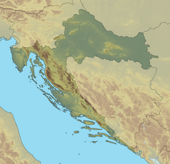 Mapa konturowa Chorwacji, u góry po prawej znajduje się punkt z opisem „ujście”