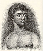 A graphite pencil portrait of a teenage boy, not wearing a shirt, from the mid-torso up