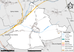 Carte en couleur présentant le réseau hydrographique de la commune