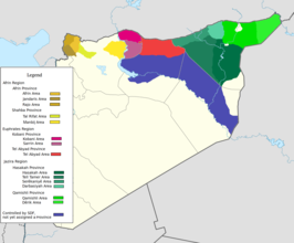 Kaart van Democratische Federatie van Noord-Syrië (DFNS) الفدرالية الديمقراطية لشمال سوريا Federaliya Demokratîk a Bakûrê Sûriyê ܦܕܪܐܠܝܘܬ݂ܐ ܕܝܡܩܪܐܛܝܬܐ ܕܓܪܒܝ ܣܘܪܝܐ