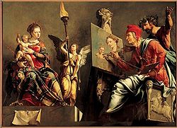 Maarten van Heemskerk: Svatý Lukáš maluje Pannu, oltářní obraz, vytvořen před jeho odchodem do Itálie v roce 1532