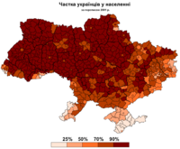 Proporción de ucranianos en distritos y ciudades (censo de 2001)