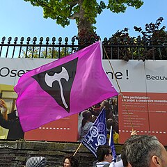 Drapeau avec le labrys, marche des fiertés de Rouen, 2019.