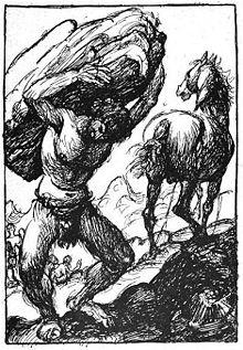 Dessin en noir et blanc représentant au premier plan un homme portant sur ses épaules un énorme rocher, un cheval se tenant à ses côtés au second plan.