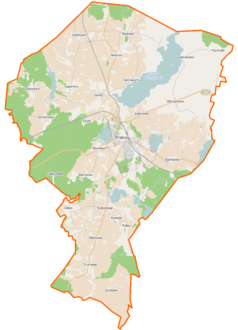 Mapa konturowa gminy Prabuty, u góry nieco na prawo znajduje się punkt z opisem „Rodowo Małe”