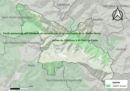 Carte des ZNIEFF de type 1 sur la commune.