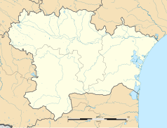 Mapa konturowa Aude, blisko centrum na dole znajduje się punkt z opisem „Soulatgé”