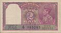 1937-es szériájú brit indiai (Reserve Bank of India) 2 rúpiás bankjegy előoldala VI. György király és császár portréjával.