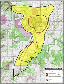 Map showing the core and overall areas of the battlefield, with much of the battlefield area shaded yellow, indicating potential eligibility for National Register of Historic Places listing