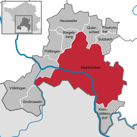 Poloha mesta Saarbrücken v rámci spolkovej krajiny Sársko a regionálneho spolku Saarbrücken