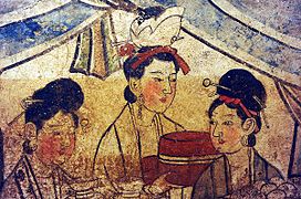 Mujeres de la dinastía Sung (960-1279), fresco descubierto en una tumba en Tengféng.