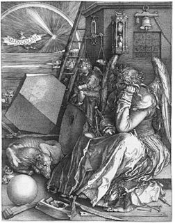 Melencolia, d'Albrecht Dürer (1514) – Gravure sur cuivre, 23,9 cm x 16,8 cm. (définition réelle 1 446 × 1 921)