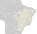 Diffusione attuale e originaria delle lingue gê (giallo chiaro) e macro-gê (giallo scuro)