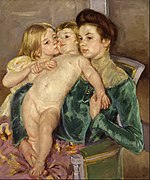 Mary Cassatt painting from 1902 of a girl kissing a naked baby