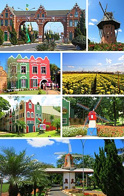 From left to right and top to bottom: City Gate of Holambra; United Peoples Mill; Tulipa Restaurant; Sunflower Fields; Holambra's Floral Studio; Divino Espírito Santo Square; Gate of the Mill.