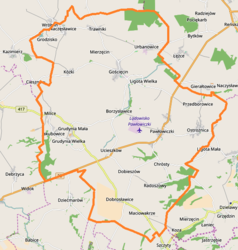 Mapa konturowa gminy Pawłowiczki, w centrum znajduje się punkt z opisem „Ucieszków”