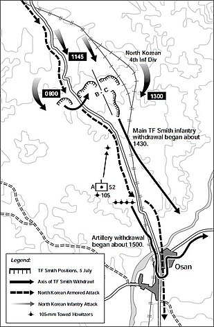 Map of a group of U.S. positions on two hills north of a town, with movements of large Chinese forces moving south and enveloping them