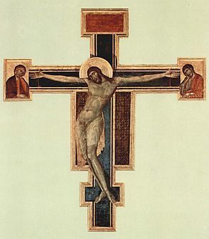 Cimabue, Triumphkreuz für Santa Croce in Florenz, Tempera-Farbe und Gold auf Holz (Zustand vor 1966), ca. 1272–1280, Museo di Santa Croce, Florenz